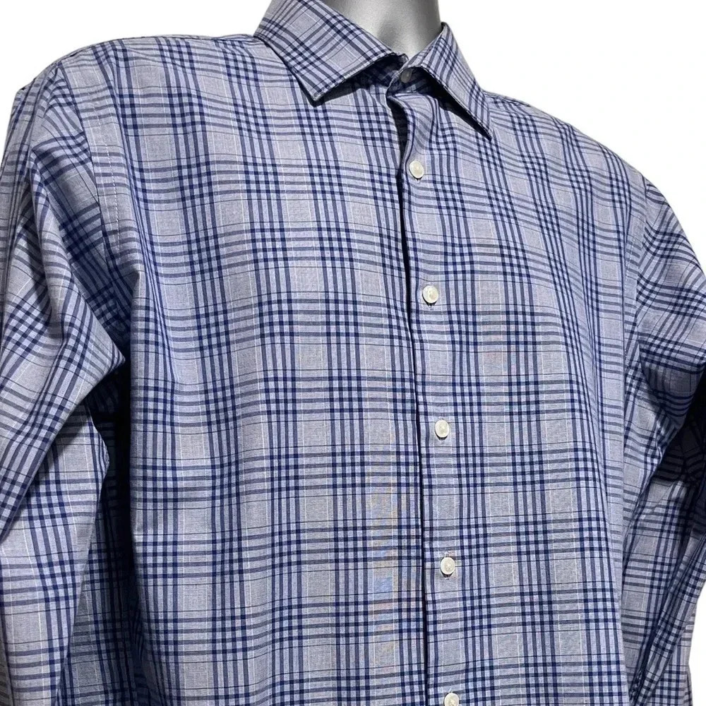 ❤️2/$11 Arrow Fitted Wrinkle Free Plaid Blue Mens Button Down Shirt 15 1/2 34 35
